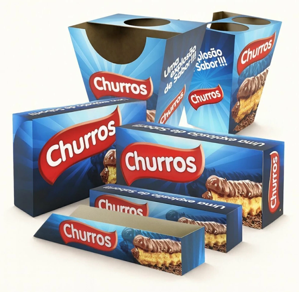 Conjunto azul de caixas e suportes para churros
